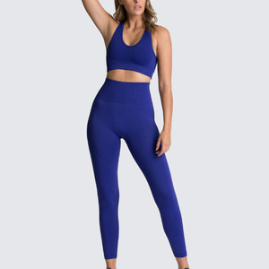 Ensemble de yoga pour femme, haut court côtelé dos nageur violet, leggings taille haute longueur intégrale, sans couture, couleur unie, 2 pièces - Product Image 2