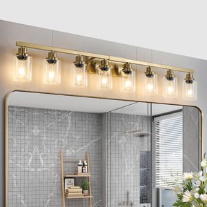 Lampada da Bagno Moderna in Ferro Dorato da 51 Pollici, Applique a 8 Luci con Paralumi in Vetro Trasparente per Specchio del Bagno - Product Image 3
