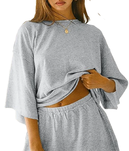Women's Summer 2-Piece T-Shirt & Above Knee Shorts <b>Set</b> Loose & Comfortable Solid Pattern Tracksuits Sweatsuit for Lounge - Product Image 4