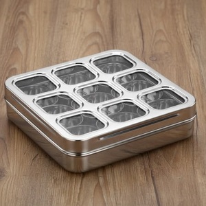 Trending 9 Compartment Stainless Steel Masala Dabba Kitchen Storage Essential Stainless Steel Square Shape 9 In 1 Spice <b>Box</b> - Product Image 1