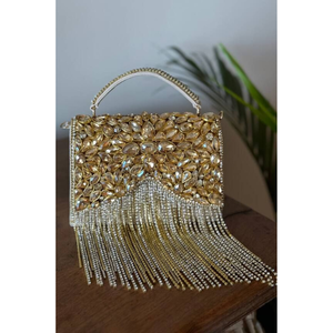 Bolso de mano Royal Gold con adornos de piedras Kundan y flecos de cristal, bolso de noche de lujo para novias, para bodas. - Product Image 3