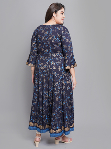 Kurti Angrakha en rayonne à imprimé floral bleu avec col en V et manches cloche pour femmes grandes tailles, vêtements décontractés tendance - Product Image 3