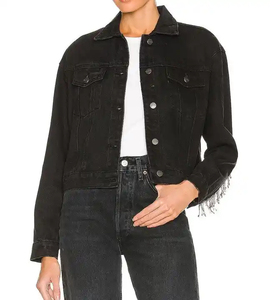 Women's Dark Blue Washed Denim Trucker Jacket Turn Down Collar Long Sleeve <b>Button</b> Up Short <b>Coat</b> Wholesale Denim Outerwear - Product Image 6
