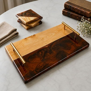 Modern Flexible Wood and Green Resin Rectangle <b>Serving</b> <b>Tray</b> <b>with</b> Metal <b>Handle</b> Single Tier for Bathroom Kitchen & Living Room - Product Image 4