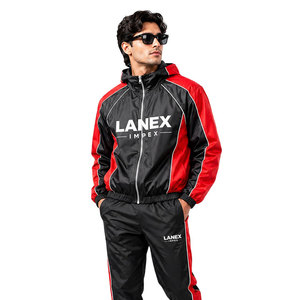 Custom Men Hooded Waterproof <b>Windbreaker</b> Jacket, <b>Black</b> Red Color Block Sports Coat, Lightweight Zip Up Outdoor Training Wear - Product Image 1