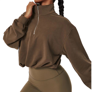 wholesale product for best selling Design Gym Wear Fitness Women Sport Cotton <b>Zip</b> <b>up</b> <b>Crop</b> Top Hoodie - Product Image 2