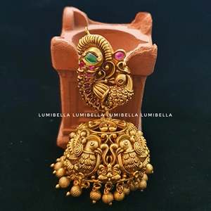 Heavy Temple Peacock Jhumka Earrings in Yellow Gold with Pearl and Emerald - Product Image 5