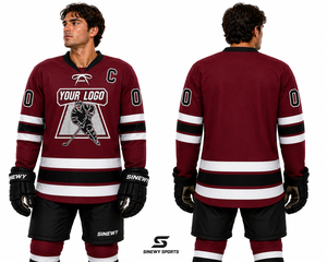 SINEWY SPORTS Jersey de Hockey sobre Hielo Personalizado para Hombre, Color Granate, Blanco y Negro, Sublimado, Cuello en V, Manga Larga, Absorbe la Humedad, Corte Regular para Adultos - Product Image 3