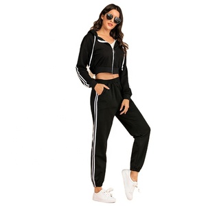 Women sportswear stitching stripe tracksuit zipper crop top <b>hoodie</b> with matching yoga pants - Product Image 1