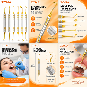 Kit d'instruments dentaires composites personnalisés 5 pièces, manche doré, double extrémité, en acier inoxydable, pour restauration, certifié C-Tick - Product Image 4