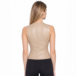 Women Beige Faux Leather Vest Sleeveless V Neck Button Down <b>Waistcoat</b> Single Breasted Smart Casual Top Business Suit <b>Waistcoat</b> - Product Image 4