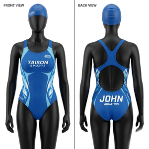 Premium 180 GSM polyester spandex swimwear uniform <b>blue</b> with light <b>blue</b> side panels heat transfer custom logo durable fit - Product Image 1
