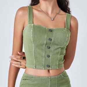 Top Corto Elástico de Cuello Cuadrado con Diseño Reductor y Relleno en el Pecho para Mujer, Estilo Denim - Product Image 6