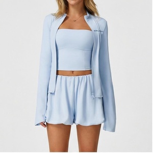 North Approach 2 Piece Yoga Set Strapless Crop <b>Top</b> Shorts Solid Light Blue <b>Zipper</b> Front Breathable Sportswear - Product Image 5