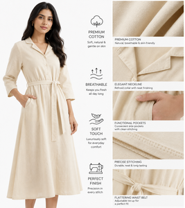 Vestido Camisero de Lino para Mujer, Maxi, Manga Tres Cuartos, Cuello Camisero, Dobladillo Acampanado, Corte Holgado con Cinturón, Estilo Casual para Primavera - Product Image 3