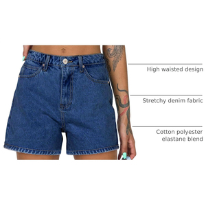 Shorts de Mezclilla de Cintura Alta para Mujer, Color Sólido, Lavado a la Piedra, Estilo Casual de Verano, Corte Regular, Cierre de Botones, Shorts de Mezclilla de Algodón Tejido - Product Image 3
