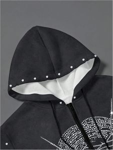 Sudadera con capucha para hombre con cremallera, estilo grunge con pedrería, Y2K, brillante, streetwear, de invierno, teñido liso, 100% algodón, lavado a la piedra - Product Image 5