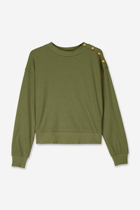 เสื้อสเวตเตอร์ถักคอกลมสีเขียวมะกอกสำหรับผู้หญิง แขนยาว ตกแต่งหมุด ประดับด้วยหมุด สำหรับฤดูใบไม้ร่วง สีพื้น ทรงปกติ - Product Image 5