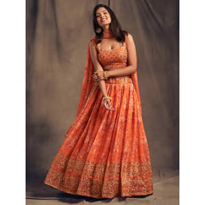 Festival de organza estampado floral naranja Lehenga Choli - Product Image 1