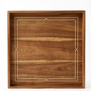 Grand plateau ottoman en bois d'acacia avec incrustations minimalistes – Plateau de service carré durable et non toxique pour fêtes et décoration intérieure - Product Image 1