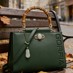 Bolso de Mano Personalizado 2026, Portátil, de Cuero PU, con Asa de Bambú, Decoración de Jade, Cuadrado, Clásico, de Diseño para Mujer - Product Image 3