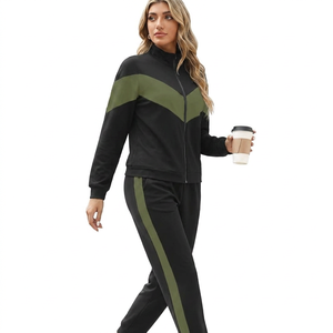 Ensemble de survêtement décontracté pour femme, noir et vert, à blocs de couleur, avec fermeture éclair, manches longues, respirant, léger, en coton, avec poches latérales - Product Image 4