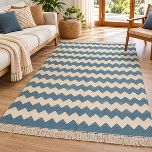 Handwoven Cotton Blue Beige Chevron Punja Dhurrie Rug Reversible Flatweave Washable Eco Friendly Area Carpet - Product Image 3