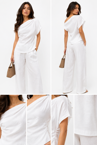 Tenue de plage élégante en lin/coton froncé coupe trapèze longueur ras du sol – Haut d'été blanc asymétrique confortable - Product Image 6