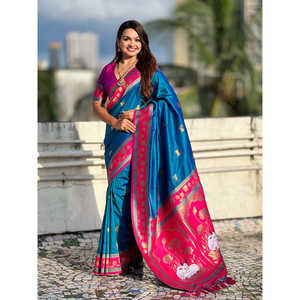 Sari Azul de Seda Suave Pichwai, Tejido Tradicional con Zari, Ropa India y Pakistaní, 600g Elite Weaves - Product Image 6