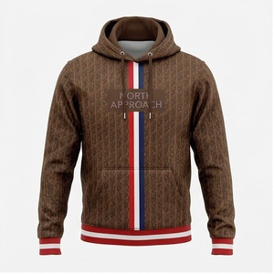 เสื้อสเวตเชิ้ตมีฮู้ดสำหรับผู้ชาย North Approach สีน้ำตาล พิมพ์ลายโมโนแกรม ลายทางสีแดง ขาว น้ำเงิน มีกระเป๋าหน้า ใส่สบายๆ ในฤดูใบไม้ร่วง - Product Image 1