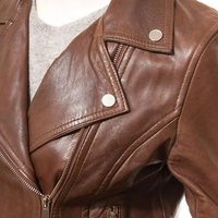 Jaket Kulit Asli Wanita Warna Cokelat Model Moto Lengan Panjang dengan Ritsleting dan Kerah Terbuka Gaya Musim Gugur