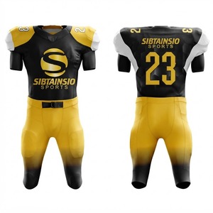 Ensemble de maillot et pantalon rembourrés de football américain noir et or, uniforme d'équipe avec numéro de joueur, design sublimé personnalisable - Product Image 1