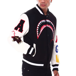 <b>Men's</b> Black <b>White</b> Varsity <b>Jacket</b> Shark Mouth Embroidery Patch Design Streetwear Turn-down Collar Regular Fit Autumn Wear - Product Image 4