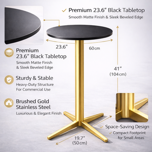 Mesa <span class=keywords><strong>de</strong></span> Bar Redonda Contemporánea <span class=keywords><strong>con</strong></span> <span class=keywords><strong>Base</strong></span> <span class=keywords><strong>de</strong></span> Pedestal <span class=keywords><strong>de</strong></span> Acero Inoxidable Cepillado y Tapa Negra para Uso en Cafeterías, Hoteles, Salones y Restaurantes - Product Image 5