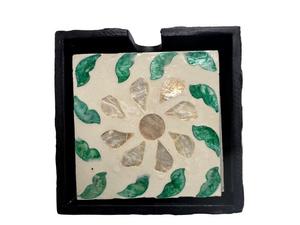 Ensemble de sous-verres de luxe écologiques en nacre ronde avec support, motif floral vert vintage, bordure bleue, style méditerranéen - Product Image 5