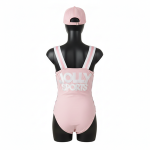 Traje de baño rosa premium para mujer, de poliéster y spandex, con paneles laterales de mezclilla elástica y logotipo bordado con apliques. - Product Image 2