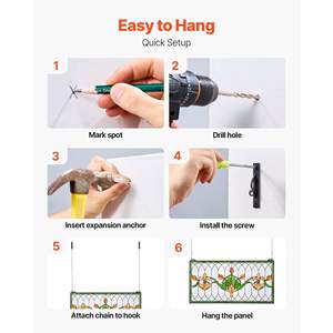 Pannello per finestra in vetro colorato For Style 32 x 17, realizzato a mano, con catena per appendere, transom grande orizzontale rettangolare, modello vintage - Product Image 6