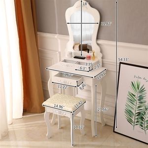 Ensemble de coiffeuse de maquillage à miroir unique blanc avec 3 tiroirs et tabouret rembourré Coiffeuse de station de beauté irrégulière avec 3 tiroirs - Product Image 6