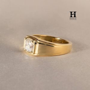 Men's Cushion Cut Lab Grown Diamond Signet <b>Ring</b> 14K Yellow <b>Gold</b> Bezel <b>Set</b> Solitaire Engagement Band - Product Image 6