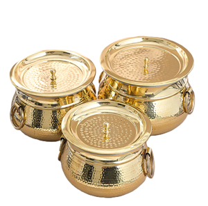 Majestic brass handi featuring a wide dark-etched floral pattern band and elegant matching lid. Available at wholesale price. - Product Image 6