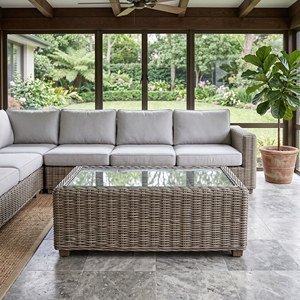 Saint Martinez <b>Tables</b> Mahogany Wood Kuboo Rattan <b>Grey</b> Weaving Standard Glass <b>Coffee</b> <b>Table</b> Premium Resort Patio Furniture Seating - Product Image 3