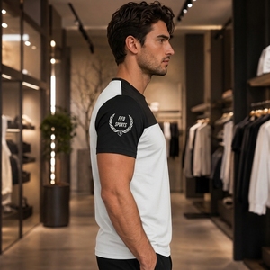 New 2026 Model Men's Black <b>White</b> Geometric Print Short Sleeve T-Shirt Slim Fit Breathable Jersey O-Neck Sporty Style - Product Image 2