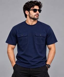Camiseta de Manga Corta con Cuello Redondo Azul Marino para Hombre, con Dos Bolsillos en el Pecho, Corte Regular, Algodón Jersey, Ropa Casual - Product Image 1