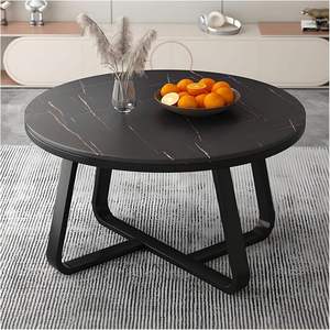Mesa de Centro Moderna Redonda con Tapa de Imitación Mármol y Estructura de Metal Negro para Sala de Estar, Mueble para el Hogar - Product Image 3