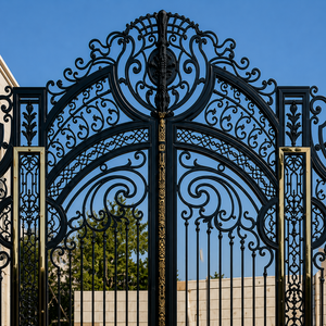 Puerta doble de hierro forjado negro de lujo con intrincados adornos en volutas, cresta arqueada con detalles dorados y elegante diseño de entrada residencial. - Product Image 1