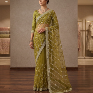 Sari en soie verte brodé pour femme, tenue de mariage traditionnelle, longueur au sol, coupe classique, style Inde Pakistan - Product Image 2