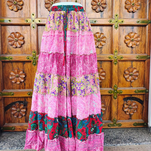 Women's Floor-Length Satin Silk Bohemian Eco-Friendly Breathable High <b>Elastic</b> Patchwork Print Multi Color ODM Summer Wear <b>Skirt</b> - Product Image 1