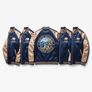Wholesale B2B Supplier <b>Grey</b> White Satin Varsity Jacket Zip Up Custom Embroidered Cliff Nesting Guild Baseball <b>Coat</b> - Product Image 4