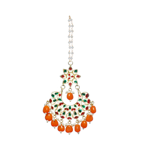 Ethnic Style Alloy Maangtikka With <b>Blue</b> <b>Beads</b> And Pearl Chain Handmade For Wedding Bridal Occasion - Product Image 2