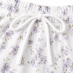 Ensemble 2 pièces côtelé à fleurs pour femmes, débardeur court sans manches et short à cordon de serrage, ensemble décontracté d'été pour la détente - Product Image 4